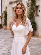 Romantic A-Line Wedding Dress with Floral Lace Bodice & Sheer Flutter Sleeves