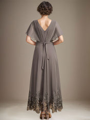 A-line V-Neck Asymmetrical Lace Chiffon Mother of the Bride Dress With Pleated