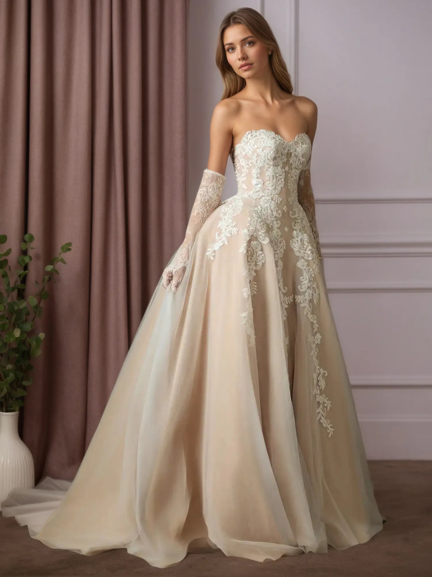 White Champagne Ball-Gown Strapless Lace Wedding Dress