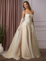 White Champagne Ball-Gown Strapless Lace Wedding Dress