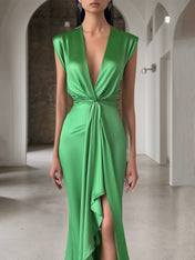 Party Satin Dress Green Deep V Sleeveless Draped Maxi Gown