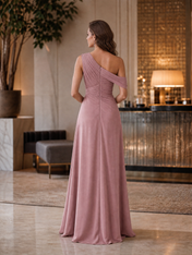 Dusty Pink One-Shoulder Ruched Chiffon A-Line Floor-Length Gown Dress