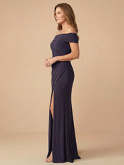 Off the Shoulder Strapless Satin Mother of the Bride Dress with Slit