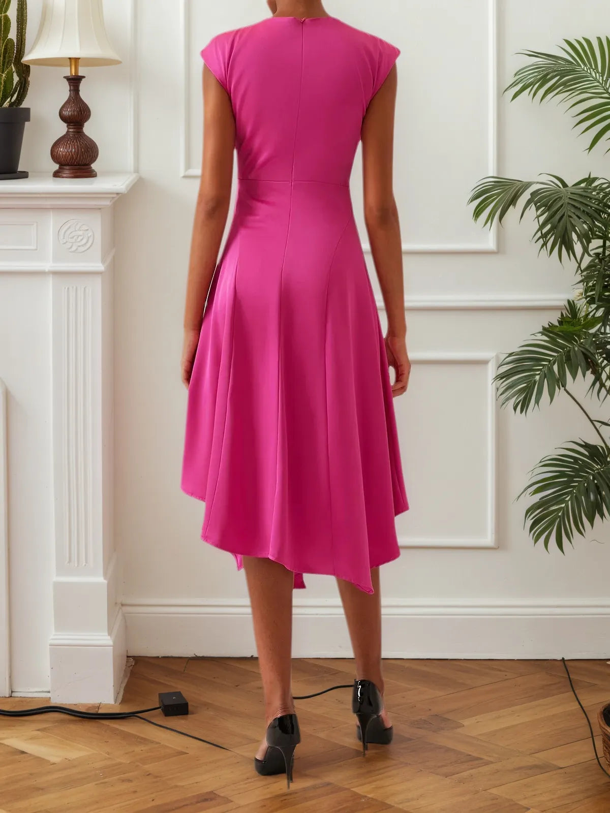 Rose Red Ruched Mock Neck Short Sleeve Midi Dress