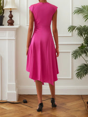 Rose Red Ruched Mock Neck Short Sleeve Midi Dress