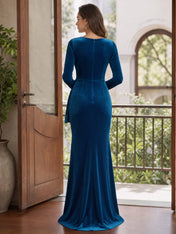 V-Neck Long Sleeve Ruched Velvet Mermaid Evening Gown with Draped Sash