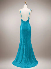 Green Mermaid Sparkly Spaghetti Straps Corset Long Prom Dress with Slit