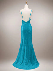 Green Mermaid Sparkly Spaghetti Straps Corset Long Prom Dress with Slit