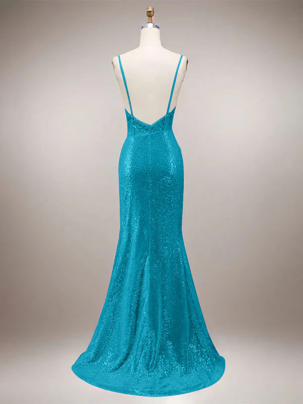 Green Mermaid Sparkly Spaghetti Straps Corset Long Prom Dress with Slit