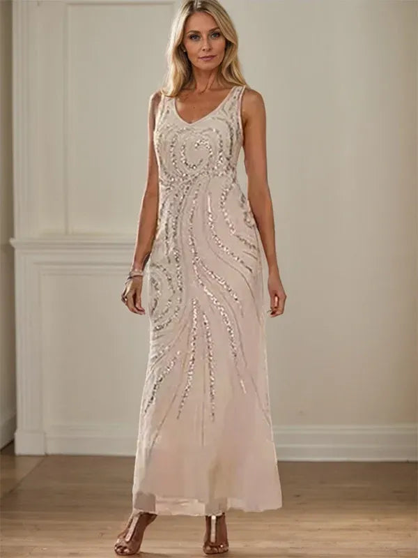 Robe de mère de la mariée fourreau/colonne, col en V, longueur cheville, avec veste et paillettes 