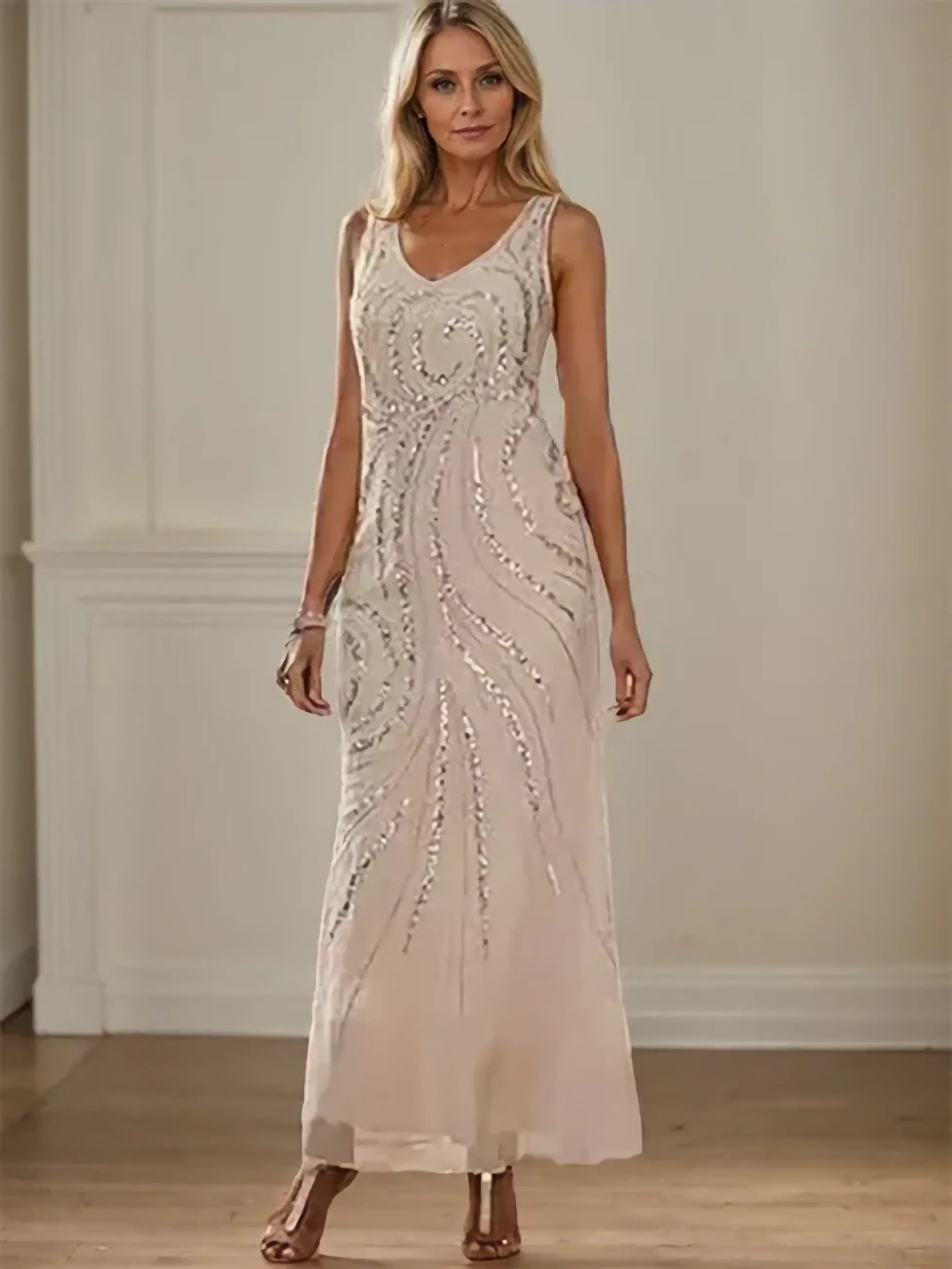 Robe de mère de la mariée fourreau/colonne, col en V, longueur cheville, avec veste et paillettes 