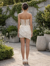 Strapless Sweetheart Lace Corset Short Wedding Dress with Asymmetrical Draped Skirt