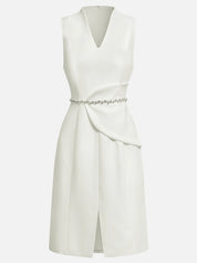 White V Neck Sleeveless Rhinestone A-Line Midi Dress