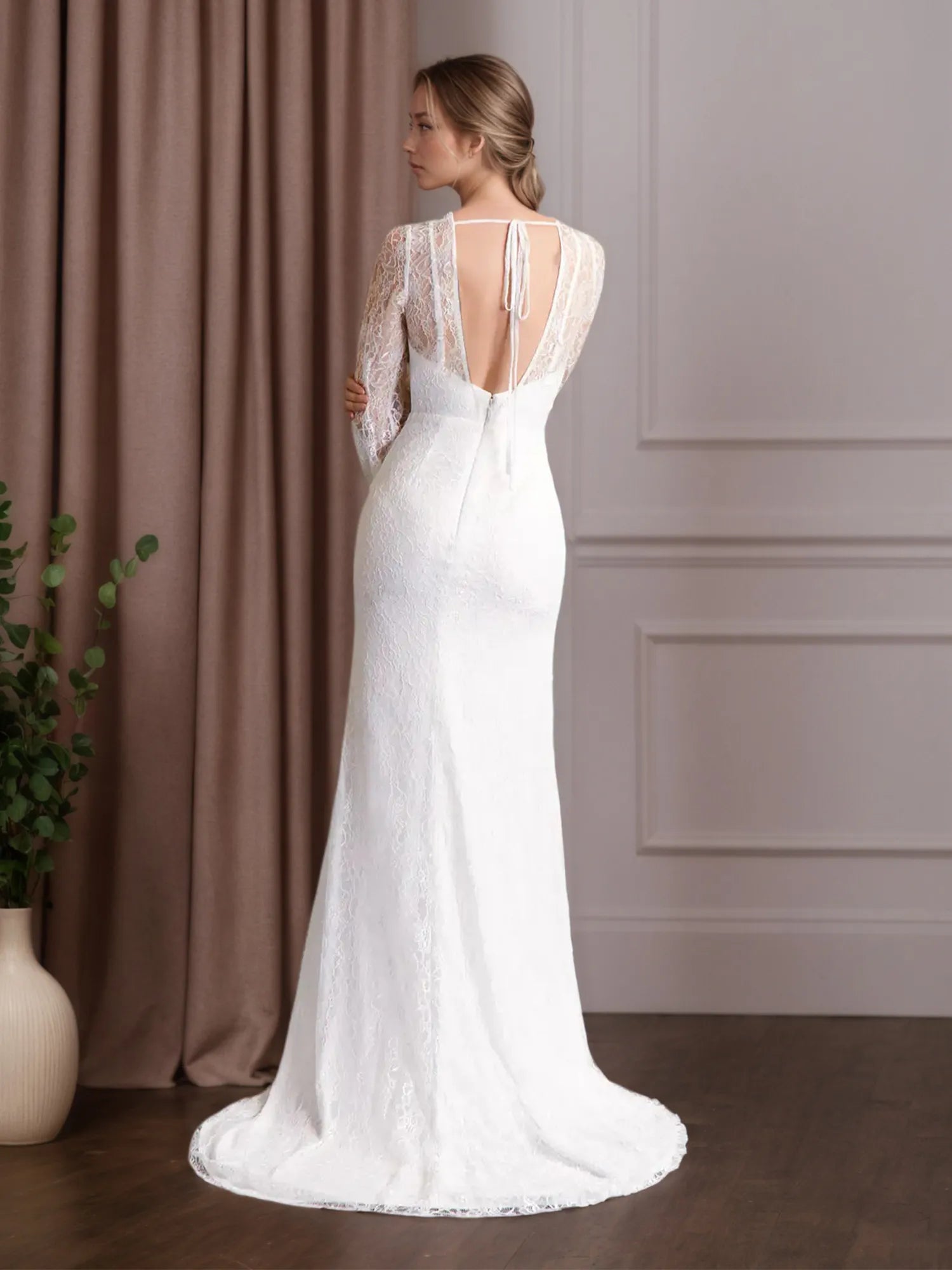 White Mermaid Scoop Neck Lace Wedding Dress
