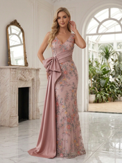 Dusty Rose Satin and Beaded Mesh V-Neck Bow Sashing Column Floor-Length Gown Dress