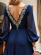 Navy A Line Long Sleeves Long Mother of the Bride Dress with Slit
