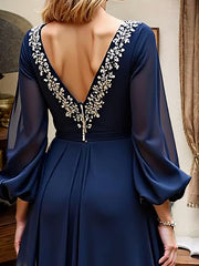 Navy A Line Long Sleeves Long Mother of the Bride Dress with Slit