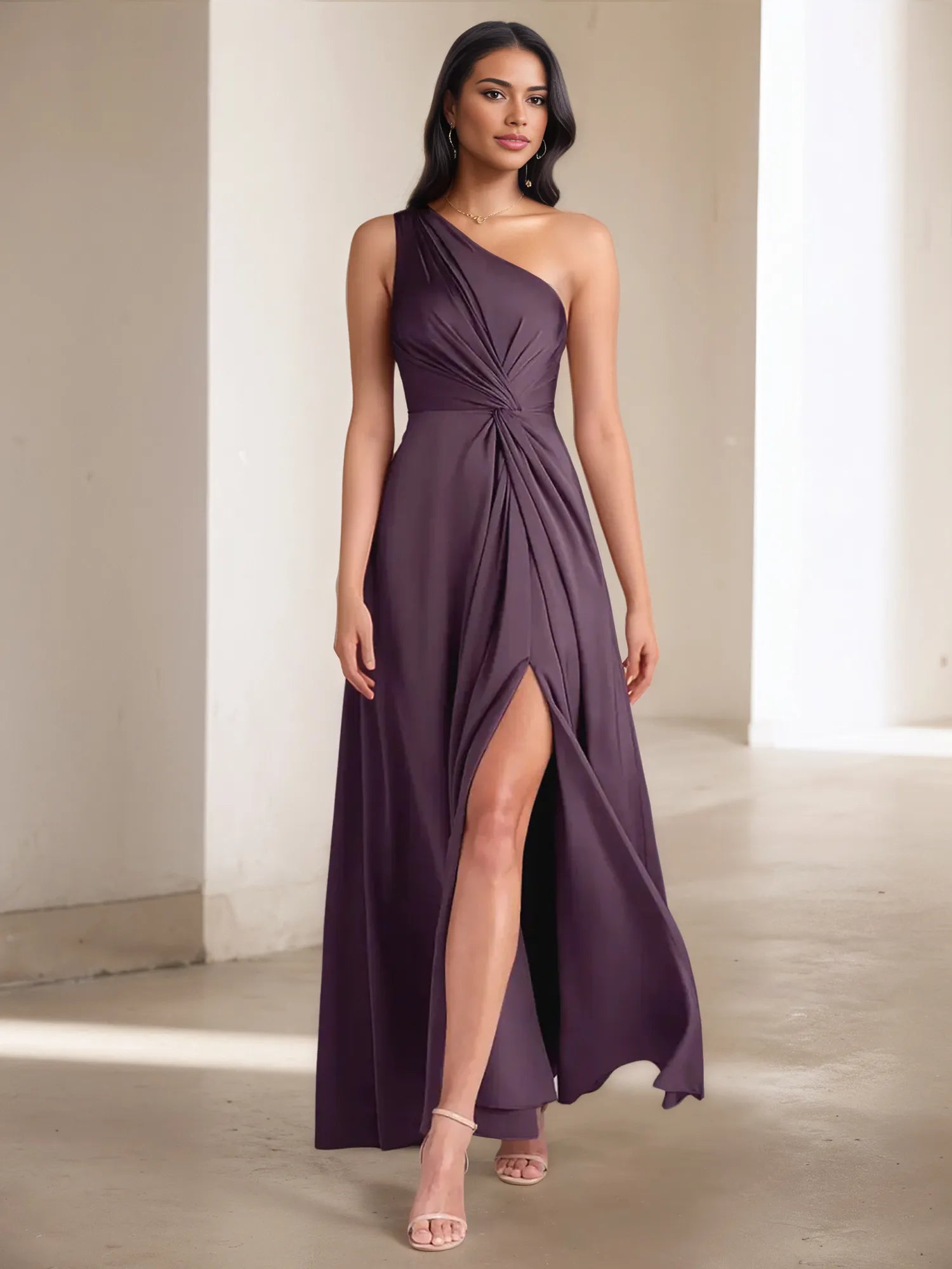 A Line One Shoulder Sleeveless Ruched Floor Length Dress