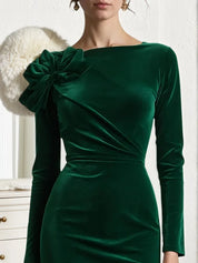 Green 3D Floral Ruched Velvet Boat Neck Long Sleeve Sheath Midi Dress