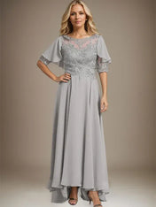 A-line Scoop Illusion Asymmetrical Chiffon Lace Mother of the Bride Dress With Beading