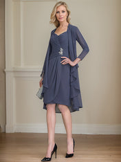 Sheath/Column Sweetheart Knee-Length Chiffon Mother of the Bride Dress With Beading Appliques Lace Sequins Pleated
