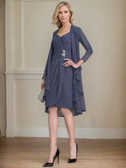 Sheath/Column Sweetheart Knee-Length Chiffon Mother of the Bride Dress With Beading Appliques Lace Sequins Pleated