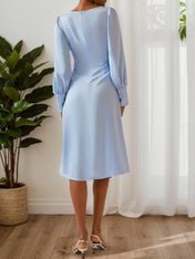 Blue Square Neck Long Sleeve A-Line Midi Dress