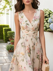 Beige Ruched Floral Chiffon V Neck Sleeveless A-Line Midi Dress