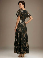 Black A-line V-Neck Ankle-Length Chiffon Mother of the Bride Dress With Cascading Ruffles