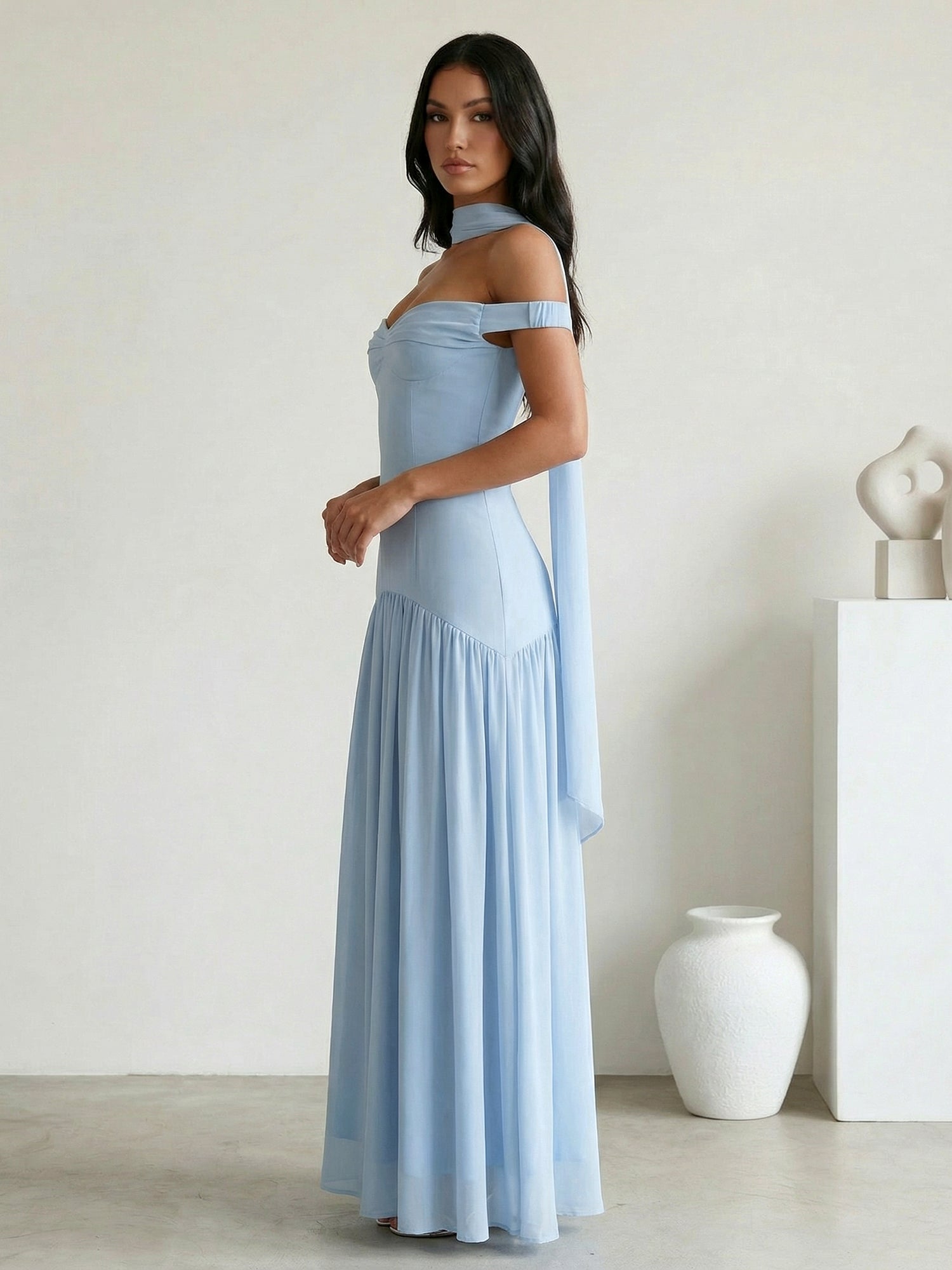 Light Blue Off the Shoulder A Line Maxi Dress with Pleat