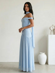 Light Blue Off the Shoulder A Line Maxi Dress with Pleat