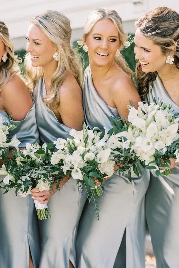 Sheath/Column Slit Ankle Length Bridesmaid Dresses with One Shoulder