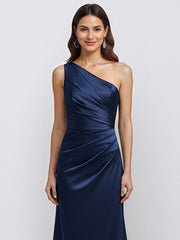 Navy A Line One Shoulder Satin Long Formal Eveing Dress
