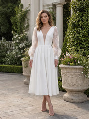 Deep V-Neck Illusion Lace Long Sleeve A-Line Midi Bridal Dress