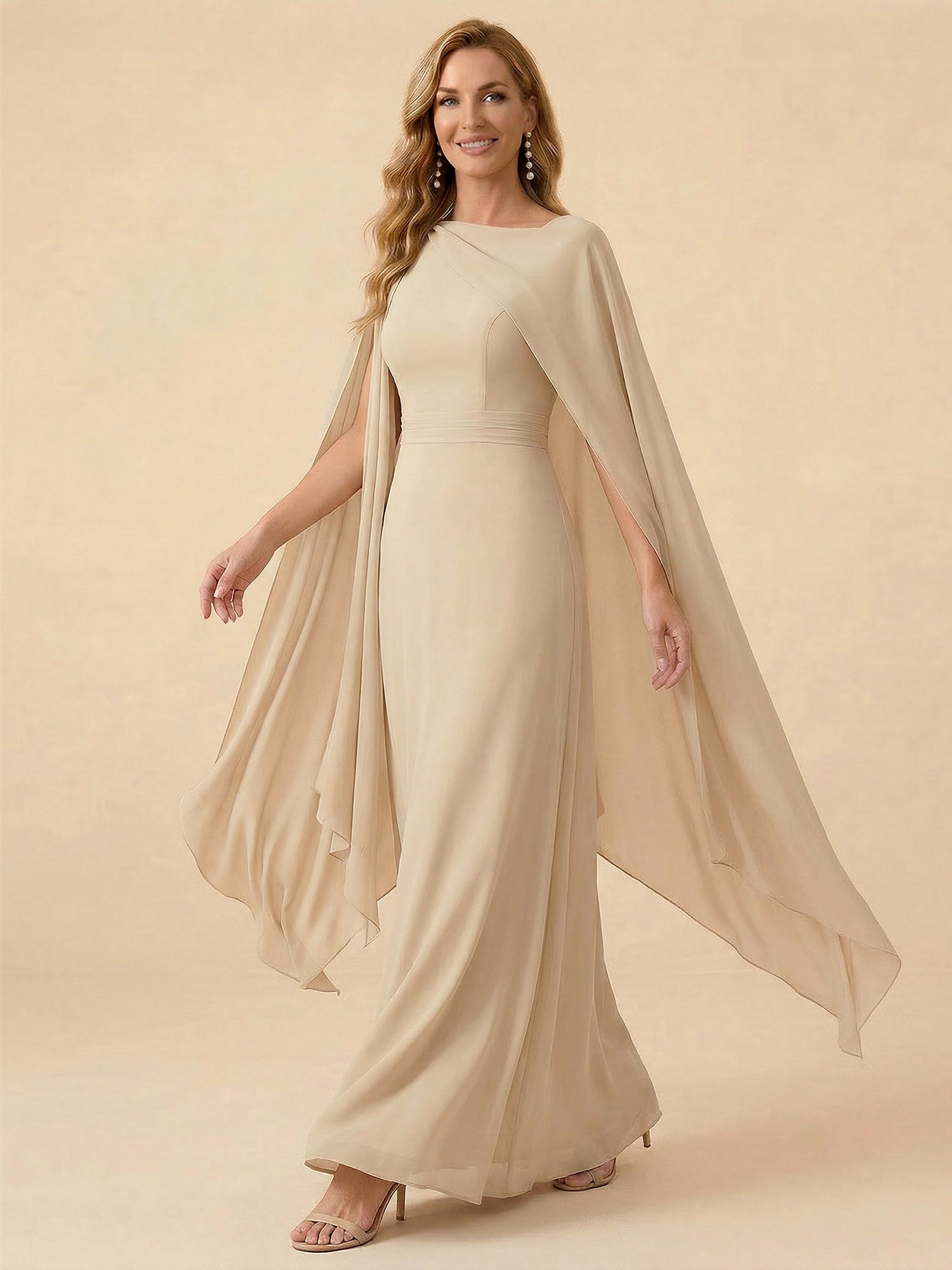 Cape Sleeve V-Back Chiffon A-Line Mother of the Bride Dress Maxi Dress