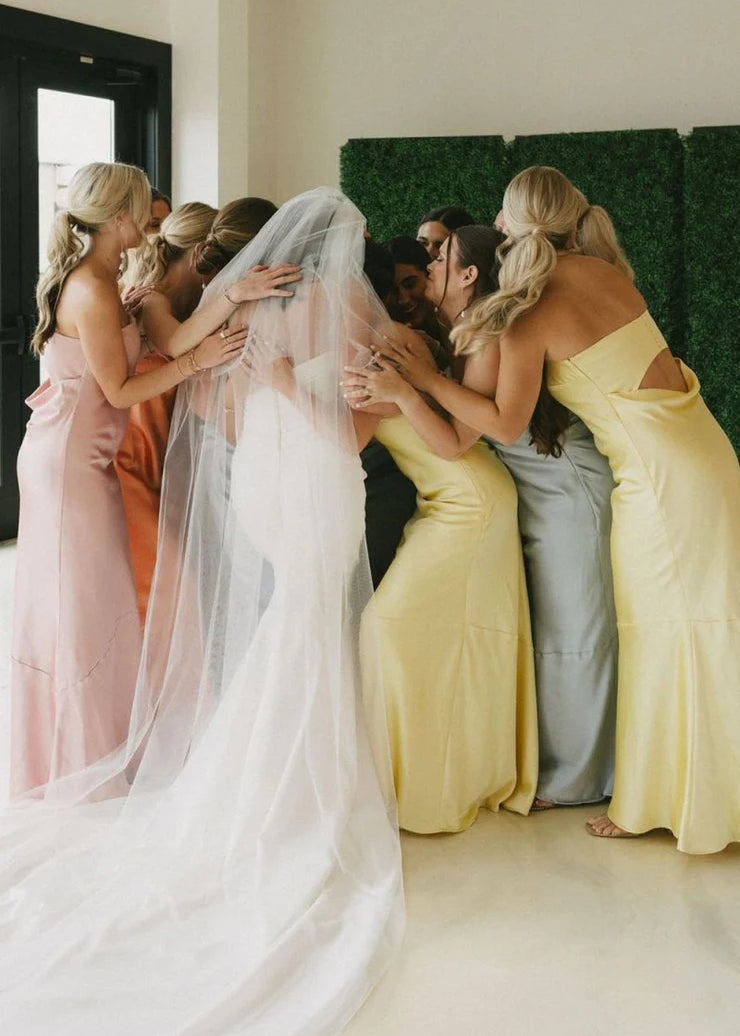 Sheath Strapless Colorful Silk Satin Long Bridesmaid Dresses