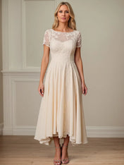 A Line Scoop Neck Short Sleeve Chiffon Mother of the Bride Dress
