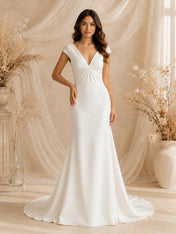 V-Neck Cap-Sleeve Satin Mermaid Wedding Dress with Sweep Train