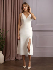 White A-Line V-Neck Bow Stretch Crepe Dress
