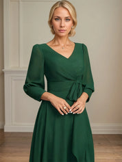 A-line V-Neck Asymmetrical Chiffon Mother of the Bride Dress With Bow Pleated