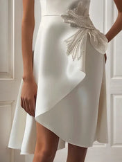 White Sequin Bow Sleeveless A-Line Midi Homecoming Dress