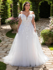 Off the Shoulder Wedding Gowns Plus Size Applique Wedding Dress