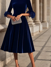 Purplish blue Feather-trimmed Velvet Crew Neck Half Sleeve A-Line Midi Dress