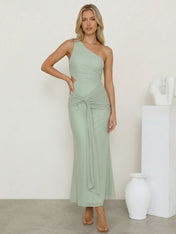 Sage Green One Shoulder Mermaid Satin Maxi Dress Tea Length