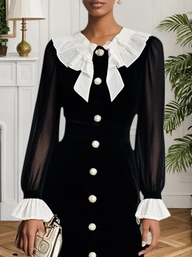 Black Split Joint Ruffled Mermaid Midi Velvet Dress
