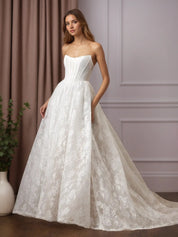 White Ball-Gown Strapless Sleeveless Lace Wedding Dress