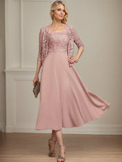 A-line Square Tea-Length Chiffon Lace Mother of the Bride Dress With Sequins Beading