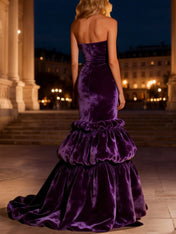Purple Tiered Velvet Long Mermaid Holiday Party Dress with Ruffles
