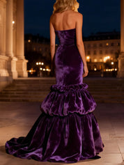 Purple Tiered Velvet Long Mermaid Holiday Party Dress with Ruffles