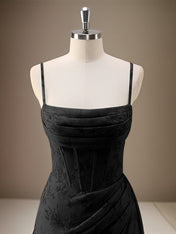 Black Sheath Spaghetti Straps Pleated Long Bridesmaid Dress with Slit